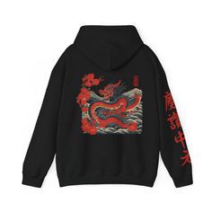 Dragon Japanese Hoodie - This unisex heavy blend hoodie boasts a bold style and ultimate comfort, perfect for those looking to make a statement while staying cozy. Ideal for anime lovers, streetwear enthusiasts, and anyone who appreciates unique and eye-catching designs. Perfect for casual wear, lounging at home, or attending comic conventions and anime events. Product features - Spacious kangaroo pouch pocket for keeping hands warm - Adjustable drawstring hood for customizable fit - Seamless de Relaxed Fit Hoodie With Screen Print For Streetwear, Relaxed Fit Screen Print Hoodie For Streetwear, Band Merch Graphic Print Long Sleeve Hoodie, Band Merch Long Sleeve Graphic Hoodie, Band Merch Long Sleeve Hoodie With Graphic Print, Relaxed Fit Hoodie With Back Print And Crew Neck, Graphic Print Hooded Fleece Sweater, Winter Graphic Print Hoodie Sweatshirt, Oversized Hoodie With Back Print