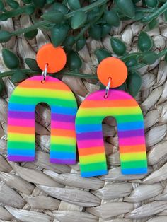 two rainbow colored letters are hanging from the back of a pair of earrings