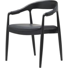 a black leather chair with arms and back rests against a white background, it appears to be empty