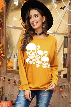 Ghosts Halloween Print Drop Shoulder Sweatshirt Winter Oversized Skull Print Tops, Oversized Long Sleeve Sweatshirt With Skull Print, Oversized Long-sleeve Sweatshirt With Skull Print, Casual Yellow Top For Halloween, Fall Streetwear Top With Skull Print, Oversized Skull Print T-shirt For Fall, Long Sleeve Tops With Skull Print, Yellow Tops For Fall Streetwear, Casual Skull Print Top For Fall