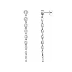 Behold these elegant, timeless diamond dangle earrings that delicately cascade in size! Make a statement with these luxurious earrings, designed to captivate and command attention. Feel the timeless elegance as the diamond sizes gracefully decrease for a stunning, classic look. This item requires appx. 1 week for assembly. 653632 Specifications Weight: 5.14 DWT (7.99 grams) Prong Count: Bezel Earring Back Type Included: Friction Backs Included Earring Type: Dangle Brand Name: Modern Brilliance C Dangle Diamond Earrings, Luxurious Earrings, Fine Jewelry Earrings, Diamond Ear Cuff, White Gold Diamond Earrings, Earrings Luxury, Bezel Earrings, Mask Necklace, Gold Ear Cuff