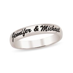 Express all the romantic feelings you hold in your heart with this personalized and engravable band, a sweet gift they'll treasure for many years to come. Fashioned in the metal of your choosing This 5.0mm-wide band features your message - up to 40 characters in length - inscribed in a cursive script font along the top. Great worn alone, stacked with other fashion rings or paired with an engagement ring. Classic Jewelry With Custom Text For Anniversary, Classic Sterling Silver Promise Bands, Classic Silver Jewelry With Custom Text, Classic Engraved Jewelry For Promise, Custom Text Silver Jewelry For Promise Ring, Customizable Couples Jewelry For Anniversary, Adjustable Engraved Promise Bands, Anniversary Bands With Engraving Option, Anniversary Band With Engraving Option