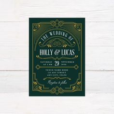 Art Deco Gatsby Invitations - goprintplus Art Deco Invite, Art Deco Party, Art Deco Invitations, Art Deco Wedding Invitations, Green Wedding Invitations, Art Deco Wedding, Wedding Board, Invitation Set, Plan Your Wedding