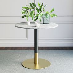 a white marble table with gold base and two potted plants on the top, in front of a wall