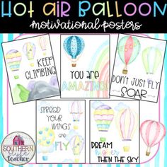 four hot air balloons cards with words on them