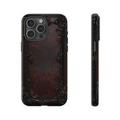 the back and side view of an iphone case with intricate carvings on it, in dark brown