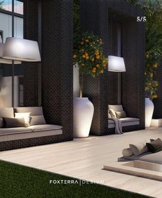 an outdoor living area with couches and lamps