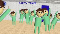 a group of animated people standing in front of a brick wall with the words party time on it