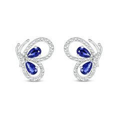 Win her heart with the lively details of these pear-shaped blue lab-created sapphire and diamond butterfly stud earrings. Crafted in sterling silver Each earring features a side profile of a butterfly adorned with shimmering diamonds and beaded detailing. A pair of 5.0 x 3.0mm pear-shaped bright blue lab-created sapphires glistens at the center of the open-worked wings for a pop of color. These 1/20 ct. t.w. diamond post earrings secure comfortably with friction backs. Butterfly Profile, Butterfly Jewellery, Mens Diamond Jewelry, Butterfly Stud Earrings, Diamond Butterfly, Peoples Jewellers, Butterfly Earrings Stud, Gemstones Jewelry, Butterfly Jewelry