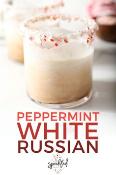 peppermint white russian drink in a glass with whipped cream and sprinkles