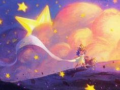 a painting of a girl holding a star in the sky with clouds and stars around her