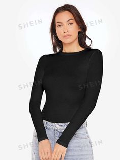 Ribbed Long Sleeve T-shirt For Fall, Black Fine Knit Long Sleeve Crew Neck Top, Fitted Long Sleeve Ribbed T-shirt, Fitted Ribbed Long Sleeve T-shirt, Trendy Long Sleeve Knit T-shirt, Long Sleeve Solid Ribbed T-shirt, Solid Color Ribbed Long Sleeve T-shirt, Solid Ribbed Long Sleeve T-shirt, Stretch Long Sleeve Plain Tops