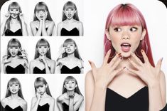 a woman with pink hair is posing in front of several different pictures and making funny faces