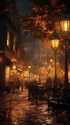 a city street at night with people walking and sitting on benches under the lampposts