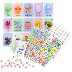 a set of children's matching cards with numbers and pictures on them, including one for each child