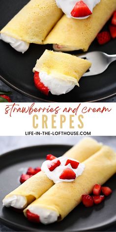 two crepes with strawberries and cream on them are sitting on a black plate