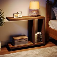 a wooden shelf with books and pictures on it next to a lamp in a bedroom