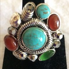 Silver Ring With Stones. Stretch Band, Fashion Jewelry Bohemian Green Metal Rings, Bohemian Multicolor Metal Rings, Multicolor Metal Bohemian Rings, Nickel-free Turquoise Metal Rings, Adjustable Multicolor Turquoise Ring, Band Fashion, Silver Rings With Stones, Stretch Band, Stretch Bands