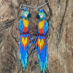 two colorful parrots are hanging from earrings on a tree branch in front of a rock