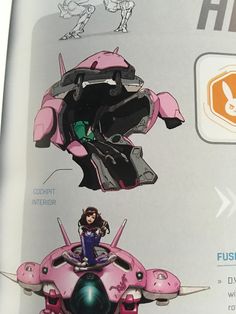 the back side of a book with an image of a woman riding on top of a pink vehicle