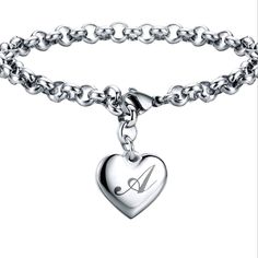 Heart Charm Bracelet Unique Adjustable Heart-Shaped Letter Bracelet, Specially Created For Women. The Heart Symbol Is Embellished With A Letter To Make It Truly Eye-Catching. Perfect For Everyday Wear And Other Special Occasions, To Express Your Love Hypoallergenic: Made Of High-Quality Stainless Steel, The Bracelet Will Never Be Oxidized, Colored, Or Dirty, Not Easy To Fade, Reduce Allergies, Will Not Irritate The Skin, And Will Not Be Heavy Made Of High-Quality Stainless Steel, The Bracelet Wi Cute Charm Bracelet, Metal Charm Bracelet With Heart Charm For Mother's Day, Mother's Day Metal Charm Bracelet With Heart Charm, Mother’s Day Metal Charm Bracelet With Heart Charm, Stainless Steel Heart Charm Jewelry, Metal Heart Bracelet For Valentine's Day, Heart-shaped Metal Bracelet For Valentine's Day, Mother's Day Heart-shaped Metal Charm Bracelet, Valentine's Day Metal Heart Bracelet