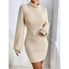 Introducing The Light Beige Sweater Dress, Designed With Elegance In Mind. This Dress Features A High Neckline And Long Bishop Sleeves, Creating A Sophisticated Look. The Natural Waistline And Pencil-Shaped Hem Enhance Its Flattering Short Silhouette. Crafted From Fabric With Slight Stretch, It Offers A Regular Fit That Ensures Both Comfort And Flexibility. Non-Sheer And Stylishly Tailored, This Dress Is Perfect For Adding A Touch Of Refined Chic To Your Wardrobe. Note: Belt Not Included. Elegant Sweater Dresses, Beige Mini Sweater Dress, Cream Winter Dress, Beige Turtle Neck Outfit, Realtor Clothes, Turtle Neck Dresses, Realtor Outfits, Hollow Aesthetic, Christmas Outfit Aesthetic