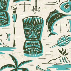 a blue and white pattern with an image of a tiki mask