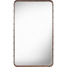 a rectangular mirror with an iron frame and wood trimmings on the bottom, against a white background