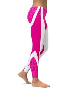 If you want to stand out in the gym, yoga or out and about and during the summer, winter, fall or spring than these Pink Honeycomb Carbon White Leggings will do the trick. It's almost as if white background makes the color pink stand out even more. Sporty Pink Tights For Sports, Pink Breathable Bottoms For Pilates, Breathable Pink Bottoms For Pilates, Trendy White Tight Leggings, Trendy Tight White Leggings, Trendy Fitted White Leggings, Fitted Breathable White Pants, Fitted White Breathable Pants, Stretch Leggings For Spring Running