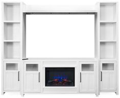 a white entertainment center with an electric fireplace