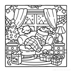 a black and white drawing of a christmas scene with presents on the table, santa clause in