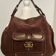 Jimmy Choo, Brown Suede, And Leather Handbag With Gold Details Designer Brown Hobo Bag With Top Carry Handle, Jimmy Choo Bags, Jimmy Choo Bag, Brown Suede, Gold Details, Leather Handbag, Jimmy Choo, Leather Handbags, Shoulder Bags