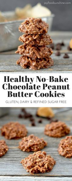 healthy no - bake chocolate peanut butter cookies stacked on top of each other