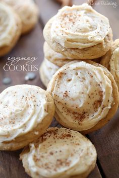 cinnamon cookies with frosting on a wooden table