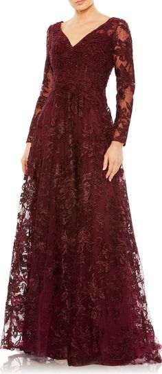 Mac Duggal Beaded Embroidered Floral Long Sleeve A-Line Gown | Nordstrom Formal Lace Dress, Mac Duggal Dresses, Mom Wedding, Long Sleeve Gown, Designer Prom Dresses, Prom Designs, Column Gown, Tulle Gown, Bride Gowns