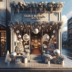 an artistic rendering of a store front decorated for christmas