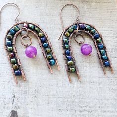 Arc Stone Bead Earrings, geometric wire wrap, colorful statement, funky arty style, gifts for women, copper accessories, handmade dangles by RockyRoadJewelry on Etsy Handmade Copper Wire Drop Earrings, Handmade Copper Wire Wrap Drop Earrings, Artsy Wire Wrapped Dangle Jewelry, Handmade Unique Copper Wire Earrings, Bohemian Handmade Wire Earrings, Handmade Bohemian Wire Earrings, Bohemian Hand-wrapped Wire Earrings, Bohemian Hand Wrapped Wire Earrings, Bohemian Copper Wire Wrap Earrings