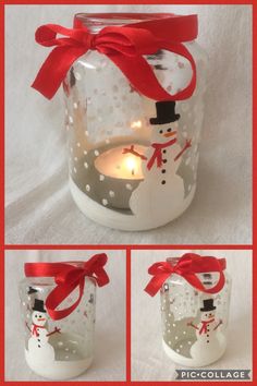 a glass jar with a snowman candle inside