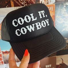 Cool It Cowboy Trucker Hat Elevate Your Style With High-Quality Hats, Shipped Fast! Cool It Cowboy Hat, Trendy Trucker Hat For Outdoor Events, Trendy Snapback Hat With Letter Print For Outdoor, Trendy Letter Print Snapback Hat For Outdoor, Trendy One Size Fits Most Trucker Hat For Outdoor, Casual Unisex Snapback Hat, Trendy Baseball Cap With Curved Brim For Rodeo, Trendy Outdoor Snapback Hat With Letter Print, Trendy Trucker Hat For Outdoor