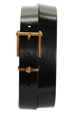 A Medusa-head keeper and logo-engraved column buckle lend subdued Versace glamour to a smooth, Italian-leather belt. Leather Made in Italy