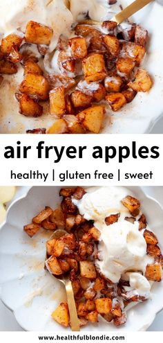 two plates with different types of food and the words, air fryer apples healthy gluten free / sweet