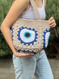 Crochet Evil Eye Bag, Nazar Tote Bag, Large Granny Square Handbag, Vintage Style Pouch Bag, Boho Hippie Shoulder Bag, Gift for Her - Etsy Cute Gifts For Her, Crochet Pouch, Eye Bags, Boho Hippie, Crochet Mandala, Purple Bags, Unique Gifts For Her, Square Bag, Market Bag