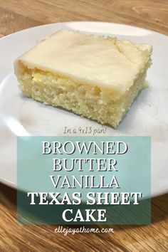 a piece of brown butter vanilla texas sheet cake on a white plate with text overlay