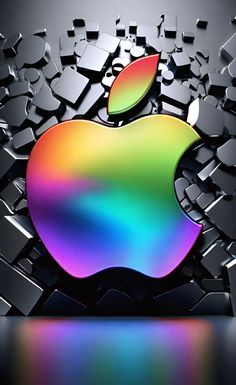 an apple logo is shown in front of many shiny cubes and shapes that appear to be floating