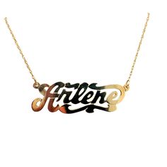 "Vintage 14K Yellow Gold \"Arlene\" Script Name Plate Necklace - The name measures 1.5\" wide and .5\" tall. Weight: 2.85 grams  Length of chain: 16\"" Gold Polished Nameplate Jewelry, Custom Engraved Gold Plated Nameplate Necklace, Formal Hallmarked Nameplate Necklace, 14k Gold Engraved Nameplate Jewelry, Fine Gold Nameplate Jewelry, 14k Gold Nameplate Necklace With Chain, Custom 14k Gold Name Pendant Necklace, Gold Sterling Silver Name Necklace With Polished Finish, Gold Polished Sterling Silver Name Necklace