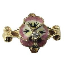 14 Karat Yellow Gold And Diamond Enamel Floral Ring Size 5.75- This Stunning Ring Features A Lovely Orchid Accented With Pink Enamel And One Round Brilliant Cut Diamond. Set In Classic 14k Yellow Gold. Width: 12 Mm. Shank: 1.5 Mm. Approximate Total Diamond Weight: .03 Ct. Diamond Clarity: I2 Diamond Color: I Ring Size: 5.75 Stamped: 14k Weight: 3.6 Gr./ 2.3 Dwt. Very Good Condition, Professionally Polished. Will Come Packaged In A Gift Box Or Pouch (When Possible) And Will Be Shipped U.S. Priori Art Nouveau Ring, Floral Ring, Pink Enamel, Diamond Set, Diamond Color, Jewelry Rings Engagement, Round Brilliant Cut Diamond, Diamond Clarity, Brilliant Cut Diamond