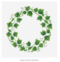 a cross stitch pattern with green leaves in the shape of a circle on a white background