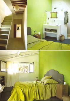 three pictures of a bedroom with green walls and white stairs leading up to the second floor