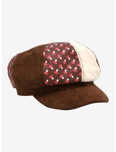 Mushroom Patchwork Cabbie Hat | Hot Topic Brown Retro Cotton Hat, Brown Cotton Retro Hat, Retro Brown Cotton Hat, Barrette Hat, Cabby Hat, Mystery Story, Cc Clothing, Toadstool Mushroom, Right Arrow Icon