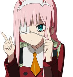 an anime character with pink hair and blue eyes pointing to the side while wearing a red jacket